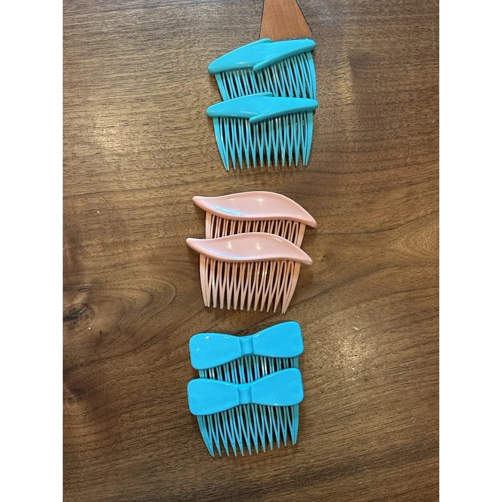 3 Vintage GOODY USA Blue Pink Side Hair Combs Bow Plastic 80s 90s